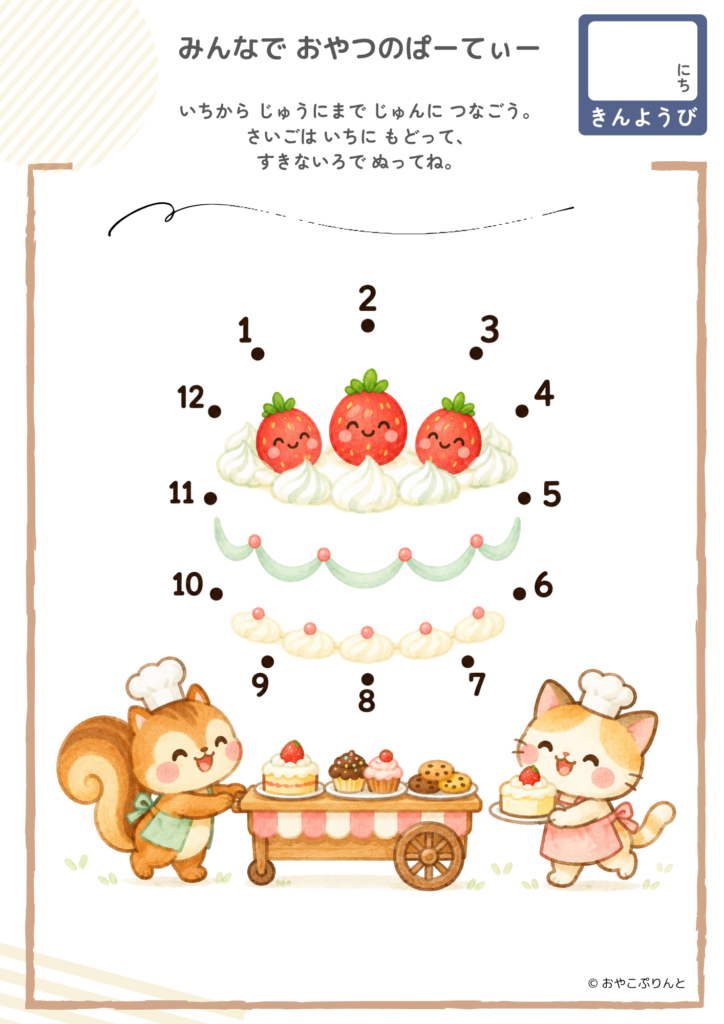 みんなで おやつのぱーてぃー（点つなぎ）のプリント見本